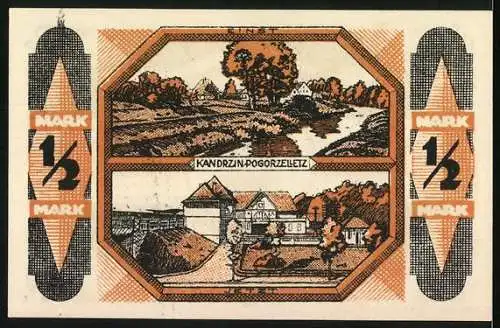 Notgeld Kandrzin-Pogorzelletz 1921, 1 /2 Mark, Landschaftsansichten und Gemeindewappen