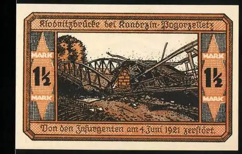 Notgeld Kandrzin-Pogorzelletz 1921, 1½ Mark, Klodnitzbrücke bei Kandrin-Pogorzellek zerstört am 4. Juni 1921