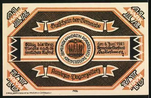 Notgeld Kandrzin-Pogorzelletz 1921, 1½ Mark, Klodnitzbrücke bei Kandrin-Pogorzellek zerstört am 4. Juni 1921