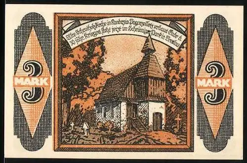 Notgeld Kandrzin-Pogorzelletz 1921, 3 Mark, Alte Schrotholzkirche und Gemeinde-Emblem