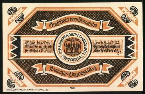 Notgeld Kandrzin-Pogorzelletz 1921, 3 Mark, Alte Schrotholzkirche und Gemeinde-Emblem