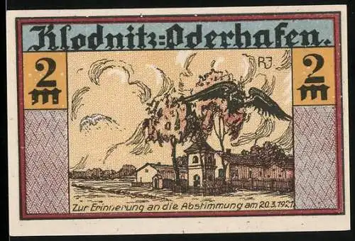 Notgeld Klodnitz-Oderhafen, 1921, 2 Mark, Erinnerung an die Abstimmung am 20.3.1921 mit Dorfansicht und Wappen