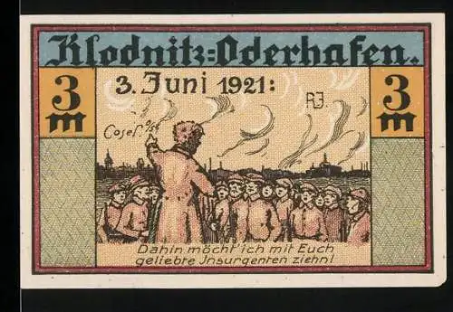 Notgeld Klodnitz-Oderhafen, 1921, 3 Mark, Soldaten vor Fabrik und Baum mit Wappen