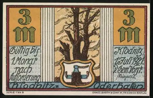 Notgeld Klodnitz-Oderhafen, 1921, 3 Mark, Soldaten vor Fabrik und Baum mit Wappen