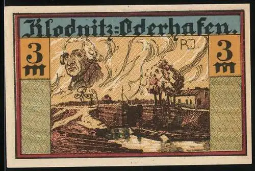 Notgeld Klodnitz-Oderhafen, 1921, 3 Mark, Landschaft mit Porträt und Wappen mit Baum