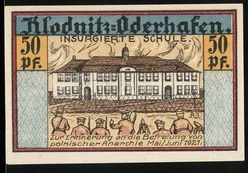 Notgeld Klodnitz-Oderhafen 1921, 50 Pf, Insurgierte Schule und Wappen mit Baum