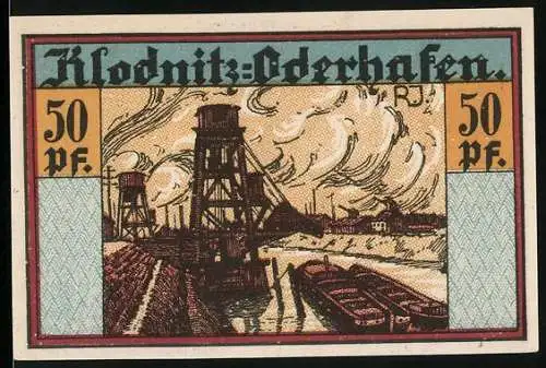 Notgeld Klodnitz-Oderhafen, 1920, 50 Pf, Industrielandschaft mit Hafen und Schiffshebewerk, Wappen mit Baum