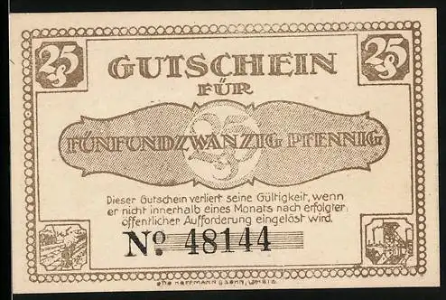 Notgeld Lehrte 1921, 25 Pfennig, Gutschein mit Stadtansicht und Fabriken