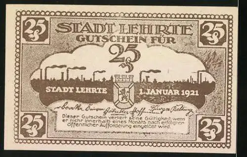 Notgeld Lehrte 1921, 25 Pfennig, Gutschein mit Stadtansicht und Fabriken