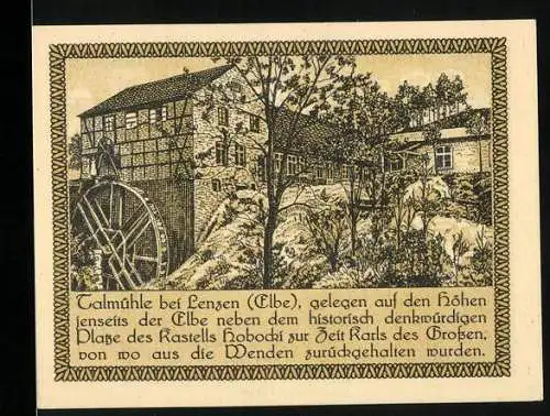 Notgeld Lenzen (Elbe), 50 Pfennig, Darstellung der Talmühle bei Lenzen und Stadtwappen mit Aufschrift