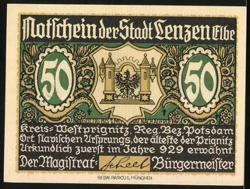 Notgeld Lenzen (Elbe), 50 Pfennig, Darstellung der Talmühle bei Lenzen und Stadtwappen mit Aufschrift