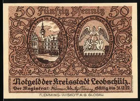 Notgeld Leobschütz, 1922, 50 Pfennig, Rathaus und Wappen, Siegel der deutschen Urkunde von 1265