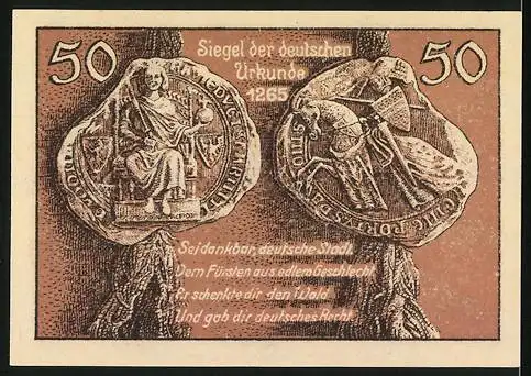 Notgeld Leobschütz, 1922, 50 Pfennig, Rathaus und Wappen, Siegel der deutschen Urkunde von 1265