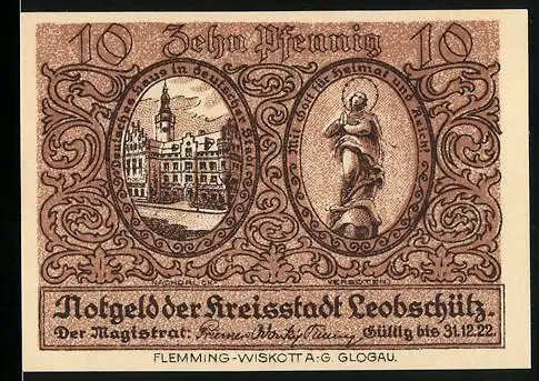 Notgeld Leobschütz, 1922, 10 Pfennig, Stadtansicht und Statue, Text und Stadtansicht