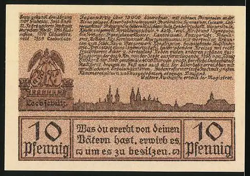 Notgeld Leobschütz, 1922, 10 Pfennig, Stadtansicht und Statue, Text und Stadtansicht