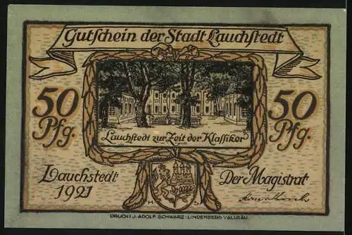 Notgeld Lauchstädt, 1921, 50 Pfennig, Berühmte Persönlichkeiten Karolina v. Beulwitz und Charlotte Schiller