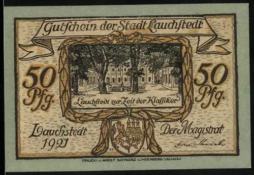 Notgeld Lauchstedt 1921, 50 Pfennig, Lauchstedt zur Zeit der Klassiker und Berühmte Persönlichkeiten Gellert & Gleim