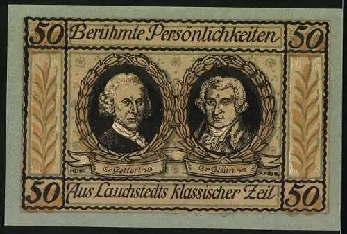 Notgeld Lauchstedt 1921, 50 Pfennig, Lauchstedt zur Zeit der Klassiker und Berühmte Persönlichkeiten Gellert & Gleim