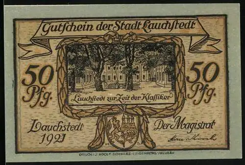 Notgeld Lauchstedt, 1921, 50 Pfennig, Gutschein der Stadt Lauchstedt mit Goethe und Schiller Porträts