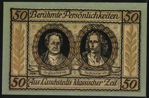 Notgeld Lauchstedt, 1921, 50 Pfennig, Gutschein der Stadt Lauchstedt mit Goethe und Schiller Porträts