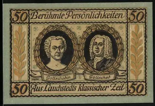 Notgeld Lauchstedt, 1921, 50 Pfennig, berühmte Persönlichkeiten Gottsched und Gottschedin, klassische Zeit Stadtansicht