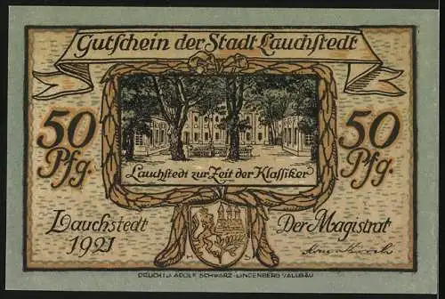 Notgeld Lauchstedt, 1921, 50 Pfennig, berühmte Persönlichkeiten Gottsched und Gottschedin, klassische Zeit Stadtansicht