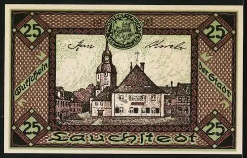 Notgeld Bad Lauchstädt, 25 Pfennig, Goethe-Theater und Stadtansicht mit Kirche