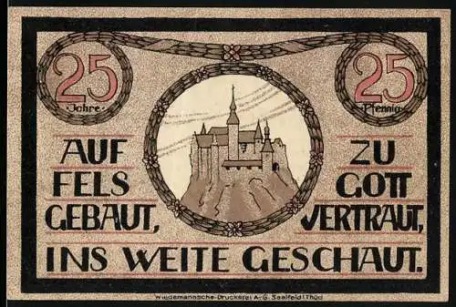 Notgeld Lauenstein 1921, 25 Pfennig, Burg auf Felsen mit Wappen und Seriennummer 13891