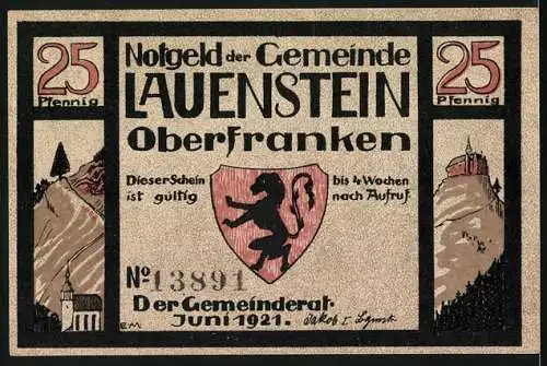 Notgeld Lauenstein 1921, 25 Pfennig, Burg auf Felsen mit Wappen und Seriennummer 13891