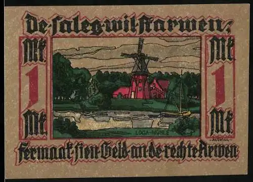 Notgeld Leer 1921, 1 Mark, Abbildung einer Windmühle und eines mittelalterlichen Herrschers