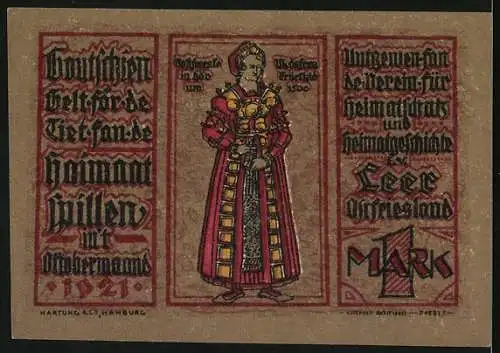 Notgeld Leer 1921, 1 Mark, Abbildung einer Windmühle und eines mittelalterlichen Herrschers