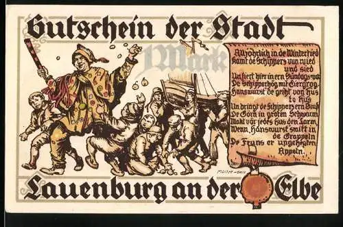 Notgeld Lauenburg an der Elbe 1921, 1 Mark, Narr mit Kindern und Schiff, Textpassagen, Wappen