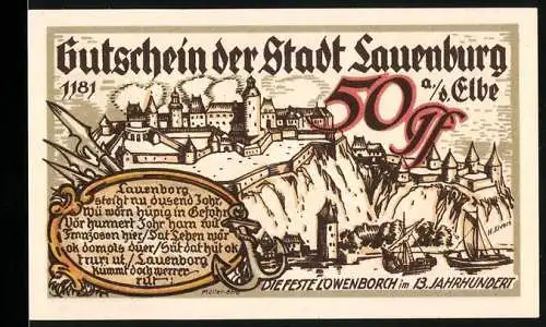 Notgeld Lauenburg 1921, 50 Pf, Darstellung der Stadt und Löwenburg im 13. Jahrhundert, Wappen und Seriennummer