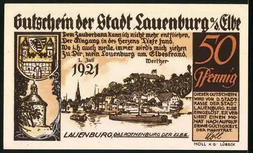 Notgeld Lauenburg 1921, 50 Pf, Darstellung der Stadt und Löwenburg im 13. Jahrhundert, Wappen und Seriennummer