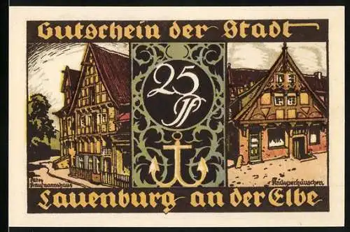 Notgeld Lauenburg an der Elbe 1921, 25 Pf, historische Gebäude und Schützengilde