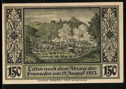 Notgeld Lähn im Riesengebirge, 150 Mark, Stadtansicht und Wappen, Seriennummer 007083