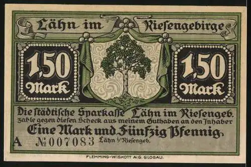 Notgeld Lähn im Riesengebirge, 150 Mark, Stadtansicht und Wappen, Seriennummer 007083