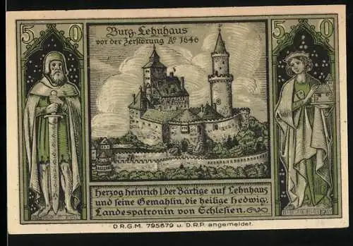 Notgeld Lähn, 50 Pfennig, Burg Lehnhaus, Herzog und Gemahlin, Heilige Hedwig, Seriennummer D 039312