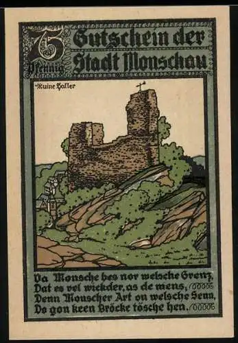 Notgeld Monschau 1922, 75 Pfennig, Ruine Haller und Landschaft mit Felsen, Seriennummer 000066