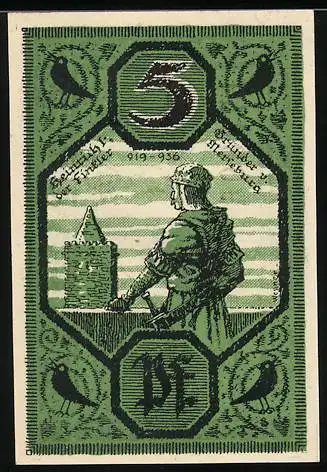 Notgeld Merseburg 1921, 5 Pfennig, Gründer der Meissner Burg, Seriennummer 178894, Wappen mit Schwert und Ring