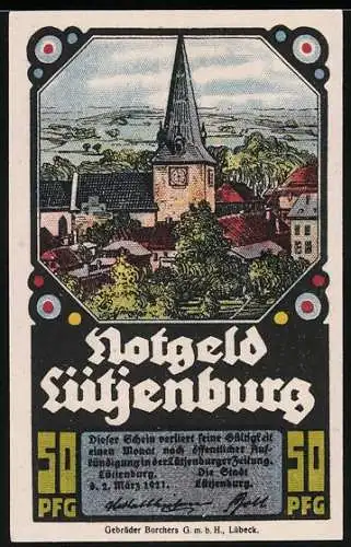 Notgeld Lütjenburg 1921, 50 Pfg, Kirche mit Stadtansicht und historische Gebäude