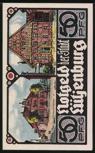 Notgeld Lütjenburg 1921, 50 Pfg, Kirche mit Stadtansicht und historische Gebäude