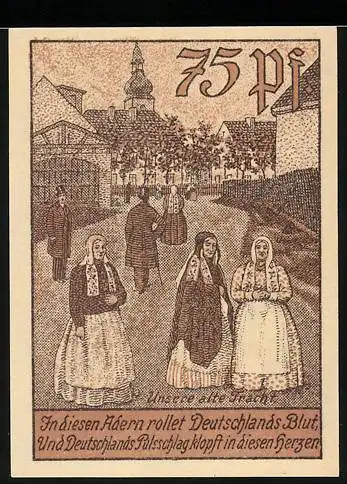 Notgeld Leobschütz 75 Pf, Dorfszene mit Kirchengebäude und Tracht, Wappen mit Adler und Löwe