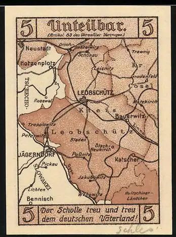 Notgeld Leobschütz 1921, 5 Pfennig, Landkarte und Gebäude mit Wappen, Seriennummer vorhanden