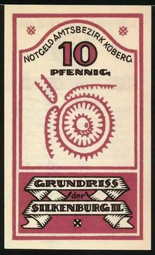 Notgeld Koberg, 10 Pfennig, Grundriss der Silkenburg II, lateinischer Text