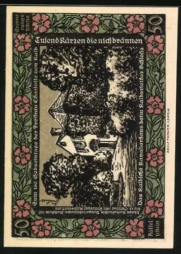 Notgeld Kalbsrieth, 50 Pfennig, Mutter umarmt Kind in Lumpen und Gebäude mit Bäumen und Blumen