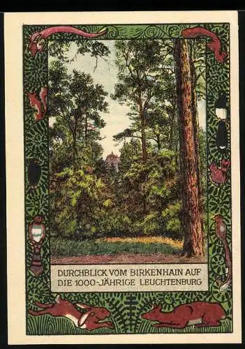 Notgeld Kahla, 75 Pf, Durchblick vom Birkenhain auf die 1000-jährige Leuchtenburg, Seriennummer 19483