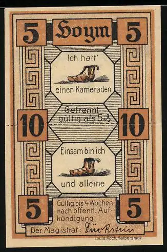 Notgeld Hoym, 2x 5 Pfennig, Gedicht mit Stiefeln und dekorativem Rahmen