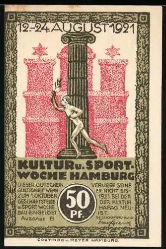 Notgeld Hamburg 1921, 50 Pf, Kultur- und Sportwoche, Säule mit Fackelträger, Stadtansicht im Hintergrund