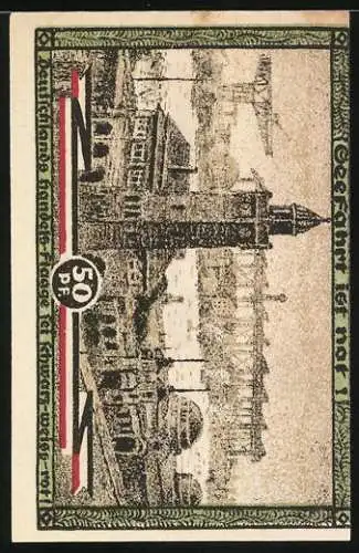 Notgeld Hamburg 1921, 50 Pf, Kultur- und Sportwoche, Säule mit Fackelträger, Stadtansicht im Hintergrund